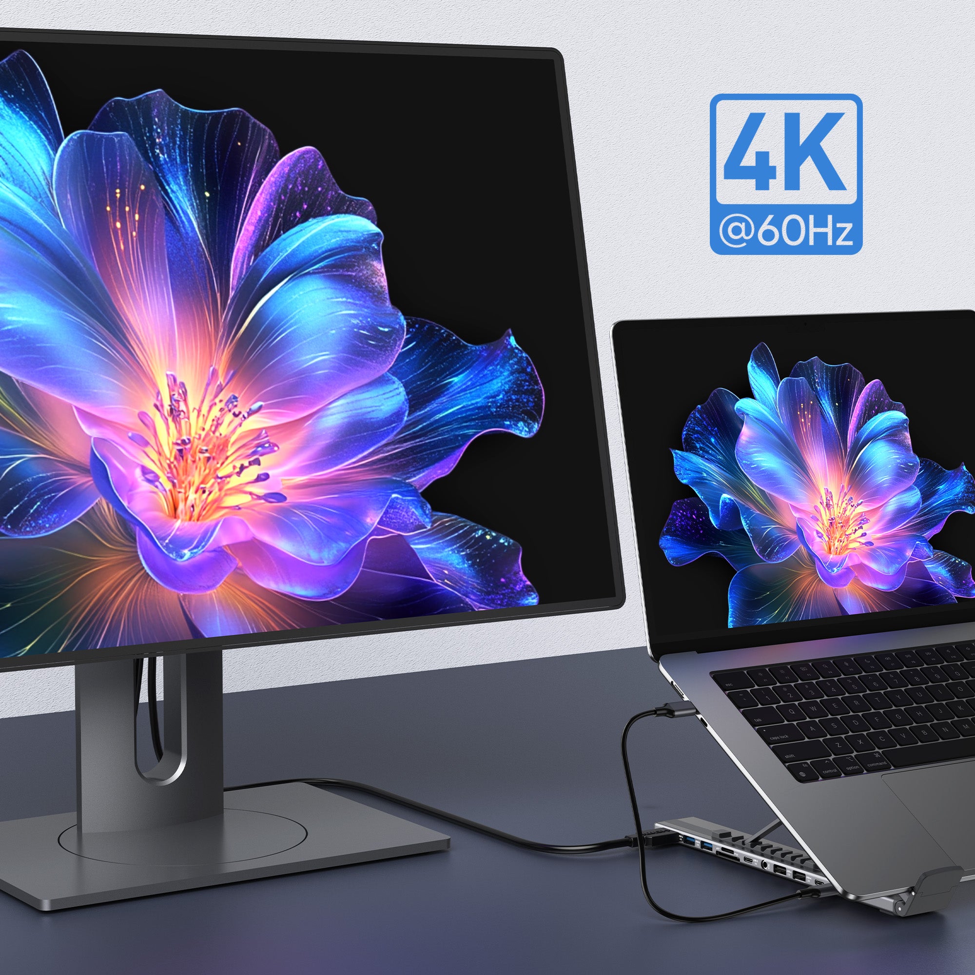 Minimalist Desk Setup featuring Mukiya Plus Dock with External 4K Monitor Connection