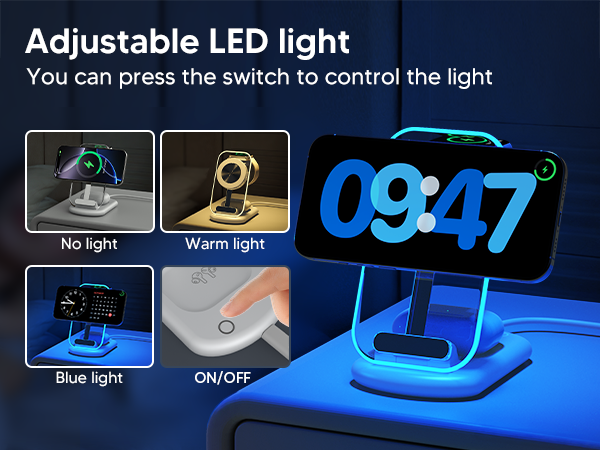 Bedside Charging Dock with Touch-controlled LED Ambient Night Light for Sleep-friendly Environment