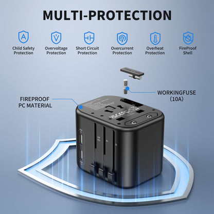 Safety First: Universal Travel Adapter with Integrated Dual 10A Fuses and Overload Protection